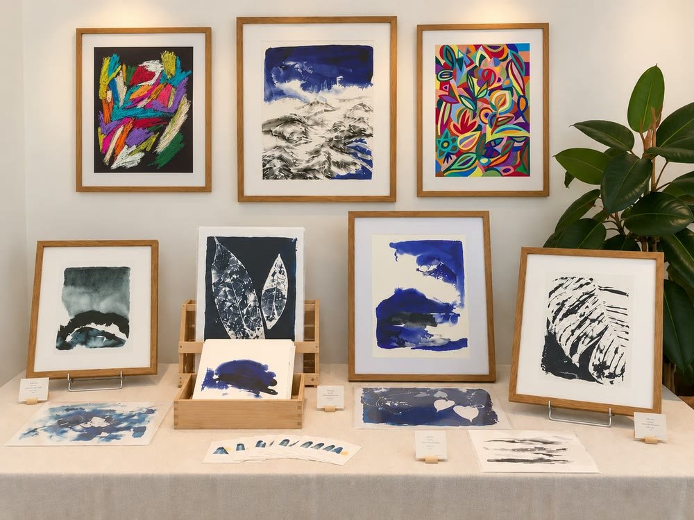 Encres, cyanotypes et dessins de Julie Athané encadrés et présentés sur une table